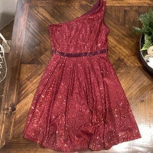 BeryLove Womens One Shoulder Sequin Dress Sparkly Glitter (burgundy) (size L)